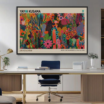 40791-MGV-FC-36X24_Black-Kusama Inspired Wall Art – Vibrant Abstract Floral Jungle Canvas Print, Bold Pop Art Botanical Decor for Living Room, Bedroom, or