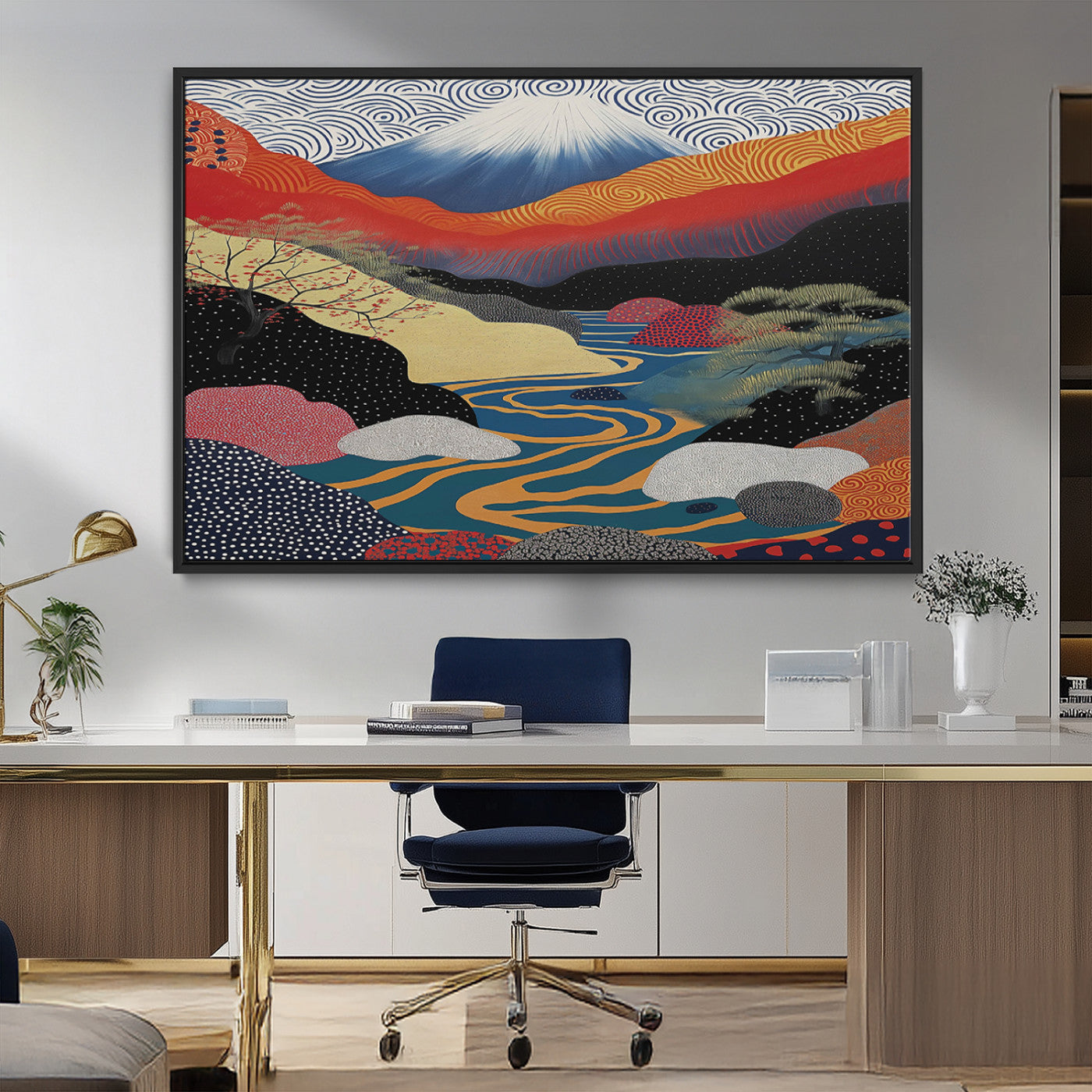 22313-MGV-CV-36X24-Yayoi Kusama Wall Art – Abstract Mount Fuji Landscape Canvas Print, Vibrant Japanese Nature Scene with River, Mountains and Sky