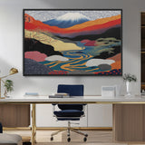 22313-MGV-CV-36X24-Yayoi Kusama Wall Art – Abstract Mount Fuji Landscape Canvas Print, Vibrant Japanese Nature Scene with River, Mountains and Sky
