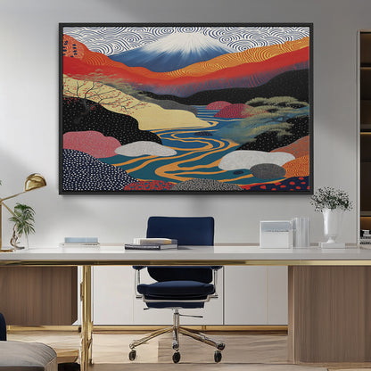 22313-MGV-CV-36X24-Yayoi Kusama Wall Art – Abstract Mount Fuji Landscape Canvas Print, Vibrant Japanese Nature Scene with River, Mountains and Sky