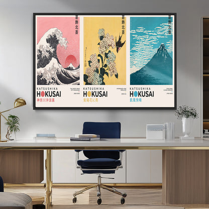 Katsushika-MGV-FC-36X24_Black-Katsushika Hokusai Wall Art Set – The Great Wave, Hydrangea and Swallow, Fine Wind Canvas Prints, Japanese Ukiyo e Style Home and