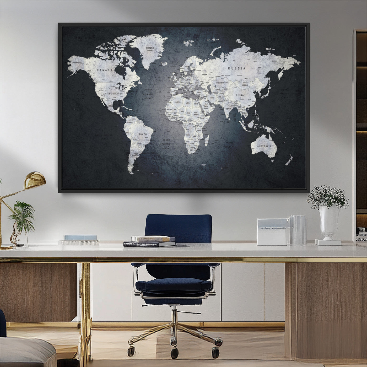 19124-MGV-FC-36X24_Black-Modern World Map Wall Art – Black and White Canvas Print, Minimalist Global Map Decor for Office, Study, Bedroom or Living Room