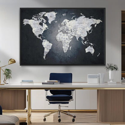 19124-MGV-FC-36X24_Black-Modern World Map Wall Art – Black and White Canvas Print, Minimalist Global Map Decor for Office, Study, Bedroom or Living Room