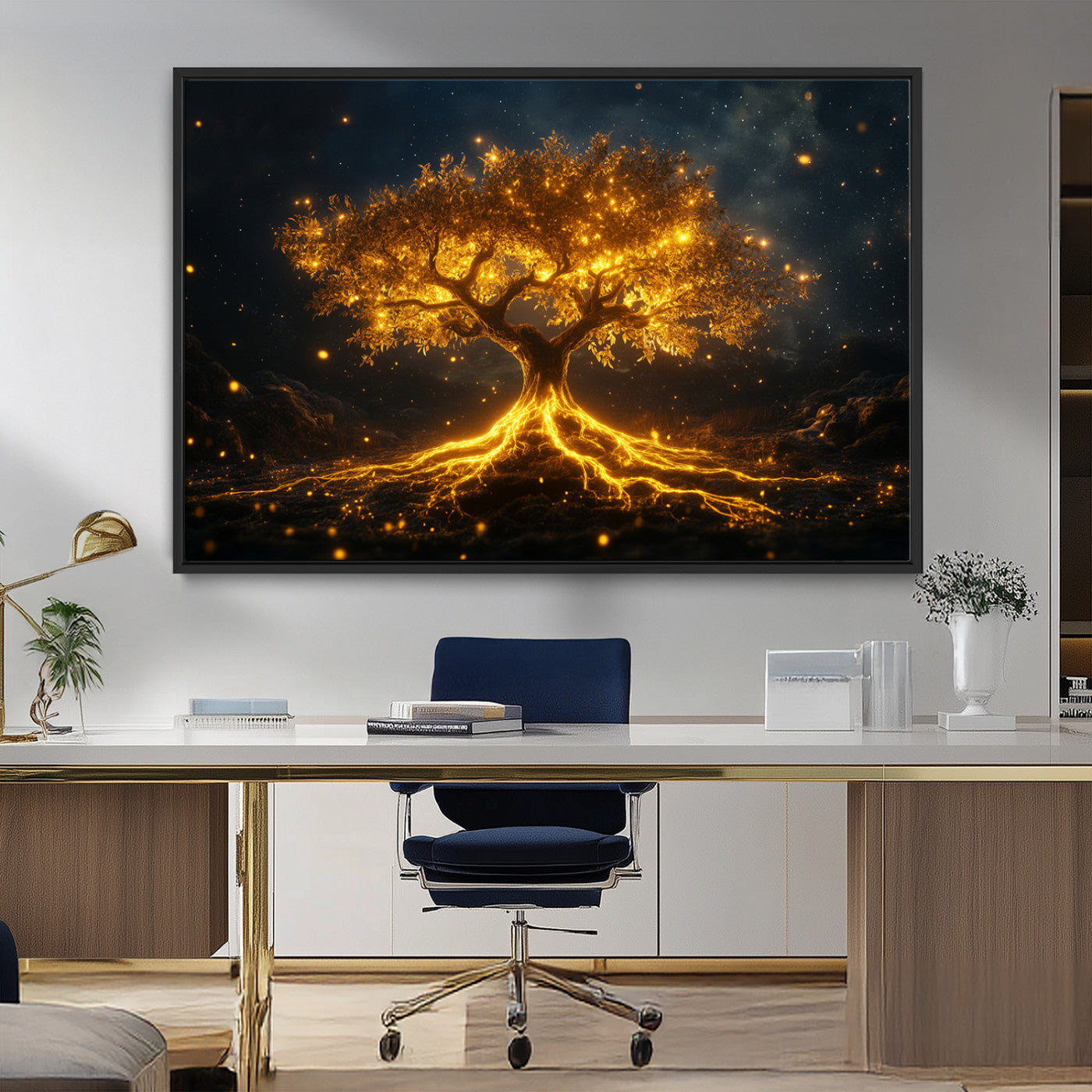 60194-MGV-FC-36X24_Black-Glowing Tree Wall Art – Golden Roots Fantasy Canvas Print, Mystical Illuminated Tree Painting Poster for Living Room, Bedroom,