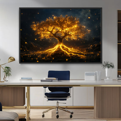 60194-MGV-FC-36X24_Black-Glowing Tree Wall Art – Golden Roots Fantasy Canvas Print, Mystical Illuminated Tree Painting Poster for Living Room, Bedroom,