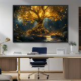 92739-MGV-FC-36X24_Black-Glowing Tree Wall Art – Enchanted Golden Forest Canvas Print, Mystical Illuminated Nature Painting Poster for Living Room,