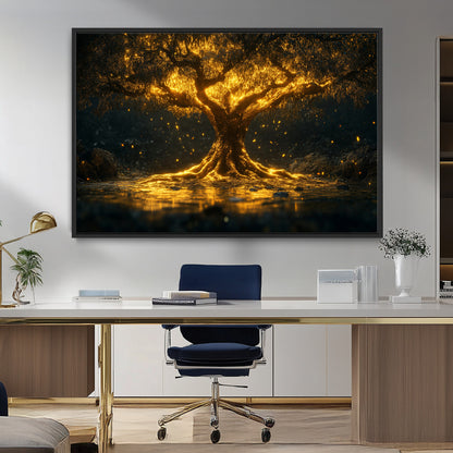59580-MGV-CV-36X24-Glowing Tree Wall Art – Golden Fantasy Nature Canvas Print, Mystical Illuminated Tree Painting Poster for Living Room, Bedroom,