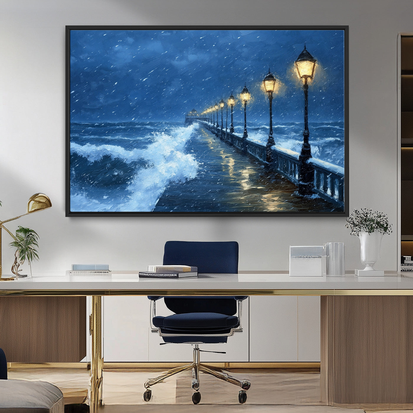 32668-MGV-FC-36X24_Black-Stormy Pier Wall Art – Ocean Waves and Street Lamps Canvas Print, Rainy Night Seascape Oil Painting Poster for Living Room,