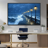 32668-MGV-FC-36X24_Black-Stormy Pier Wall Art – Ocean Waves and Street Lamps Canvas Print, Rainy Night Seascape Oil Painting Poster for Living Room,