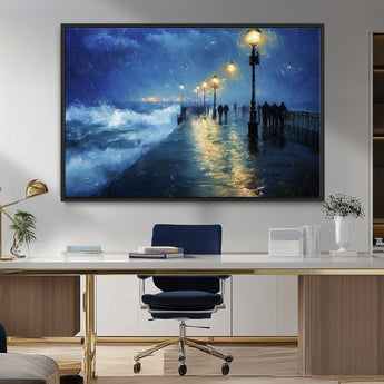 76572-MGV-FC-36X24_Black-Stormy Night Pier Wall Art – Ocean Waves and Street Lamps Canvas Print, Rainy Seascape Oil Painting Poster for Living Room,