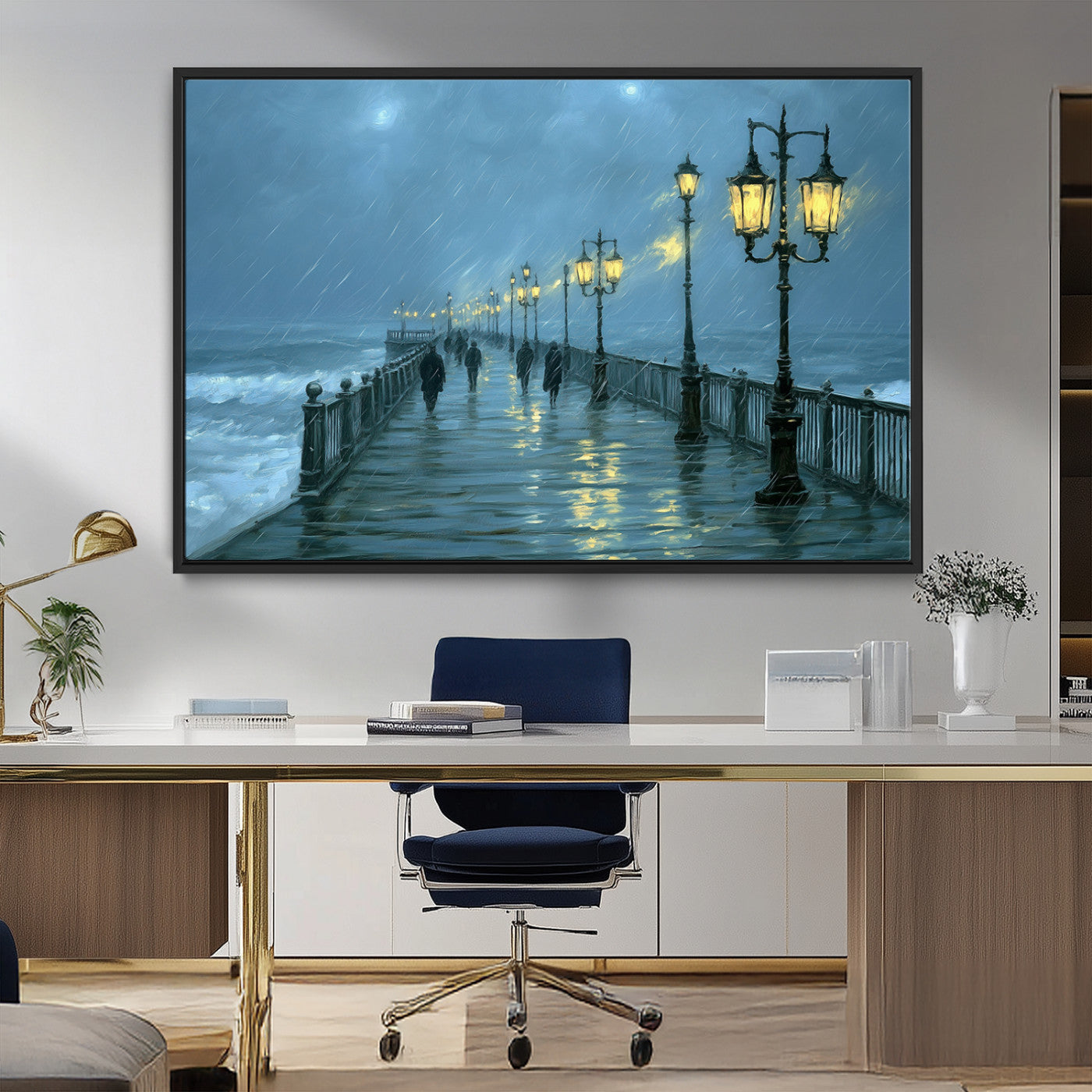 79606-MGV-CV-36X24-Rainy Pier Night Wall Art – Ocean Waves and Street Lamps Canvas Print, Moody Seascape Oil Painting Poster for Living Room,