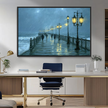 79606-MGV-CV-36X24-Rainy Pier Night Wall Art – Ocean Waves and Street Lamps Canvas Print, Moody Seascape Oil Painting Poster for Living Room,