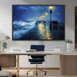 94571-MGV-FC-36X24_Black-Seaside Night Wall Art – Ocean Waves and Street Lamps Canvas Print, Rainy City Pier Oil Painting Poster for Living Room, Bedroom,