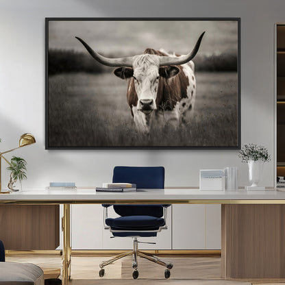 69238-MGV-FC-36X24_Black-Longhorn Bull Wall Art – Rustic Black and White Texas Cattle Canvas Print, Western Farmhouse Animal Photography for Living Room,