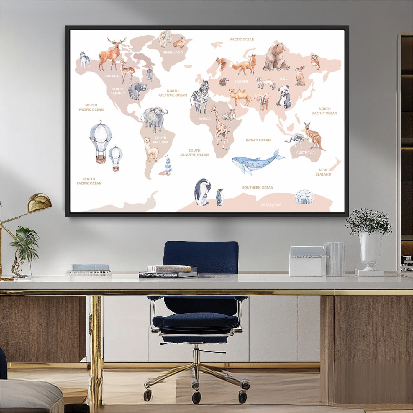 30495-MGV-CV-36X24-Animal World Map Wall Art – Watercolor Animal Canvas Print, Educational Global Map Poster for Kids Room, Nursery, Playroom,