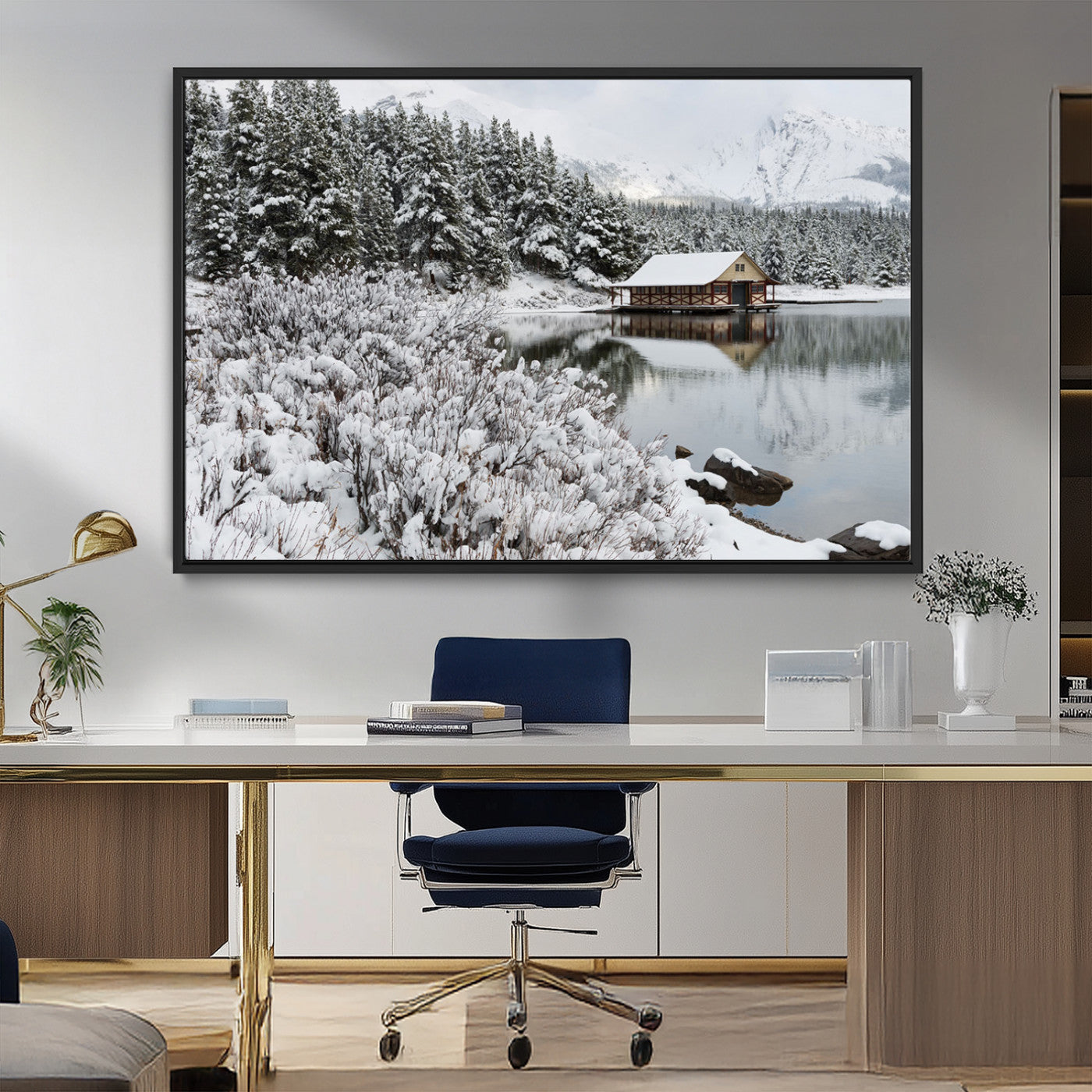 29975-MGV-CV-36X24-Winter Cabin by the Lake Wall Art – Snowy Mountain Landscape Canvas Print, Rustic Lodge Cabin Decor for Cozy Living Room, Bedroom