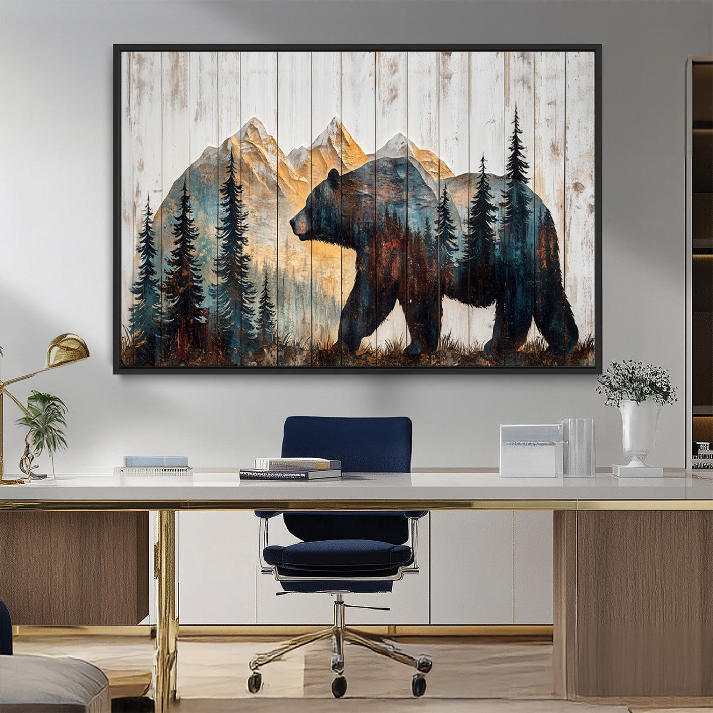 90077-MGV-CV-36X24-Wood Grizzly Bear Wall Art Canvas Print, Framed Abstract Bear Art Picture Print, Bear in Forest Perfect Rustic Lodge Decor Artwork