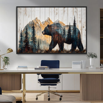 90077-MGV-CV-36X24-Wood Grizzly Bear Wall Art Canvas Print, Framed Abstract Bear Art Picture Print, Bear in Forest Perfect Rustic Lodge Decor Artwork