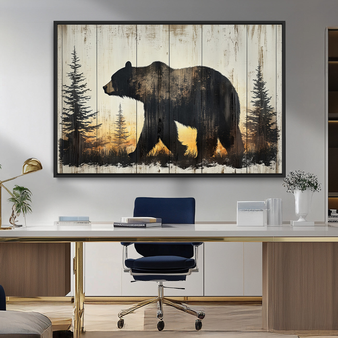 83875-MGV-CV-36X24-Sunset Bear Wall Art – Rustic Wildlife Canvas Print with Forest Silhouette, Cabin Lodge Decor for Living Room or Office