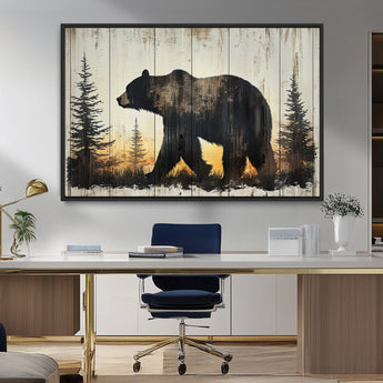 83875-MGV-CV-36X24-Sunset Bear Wall Art – Rustic Wildlife Canvas Print with Forest Silhouette, Cabin Lodge Decor for Living Room or Office