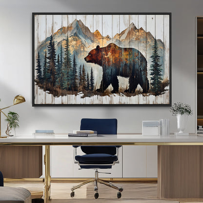 55777-MGV-CV-36X24-Rustic Bear Wall Art Canvas Print, Framed Mountain and Forest Art Picture Print, Wooden Bear Perfect Rustic Lodge Decor Artwork