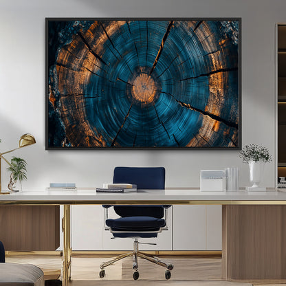65231-MGV-CV-36X24-Blue and Gold Tree Ring Wall Art – Rustic Abstract Wood Slice Canvas Print, Modern Nature Inspired Artwork for Living Room,