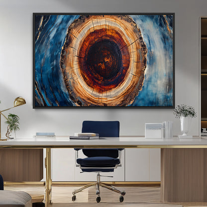 30457-MGV-FC-36X24_Black-Tree Ring Abstract Wall Art – Blue and Brown Wood Grain Canvas Print, Modern Nature Inspired Painting for Rustic Living Room,