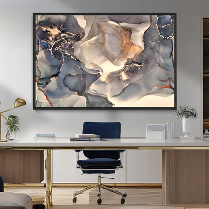 18202-MGV-FC-36X24_Black-Abstract Neutral Wall Art – Blue, Beige and Gold Fluid Ink Canvas Print, Modern Minimalist Painting for Living Room, Office