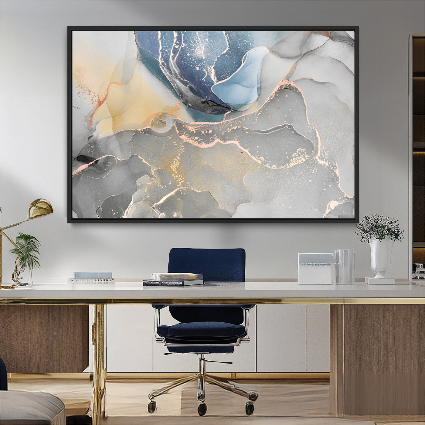 18176-MGV-FC-36X24_Black-Abstract Fluid Wall Art – Modern Marble Ink Canvas Print with Blue, Gold, and Gray Tones, Contemporary Minimal Artwork Decor for