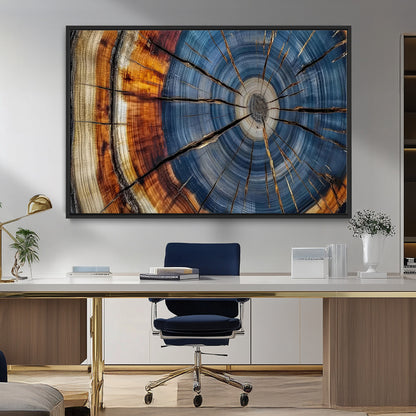 10583-MGV-FC-36X24_Black-Tree Ring Wall Art – Abstract Wood Grain Canvas Print with Blue and Brown Tones, Nature Inspired Rustic Artwork for Living Room,