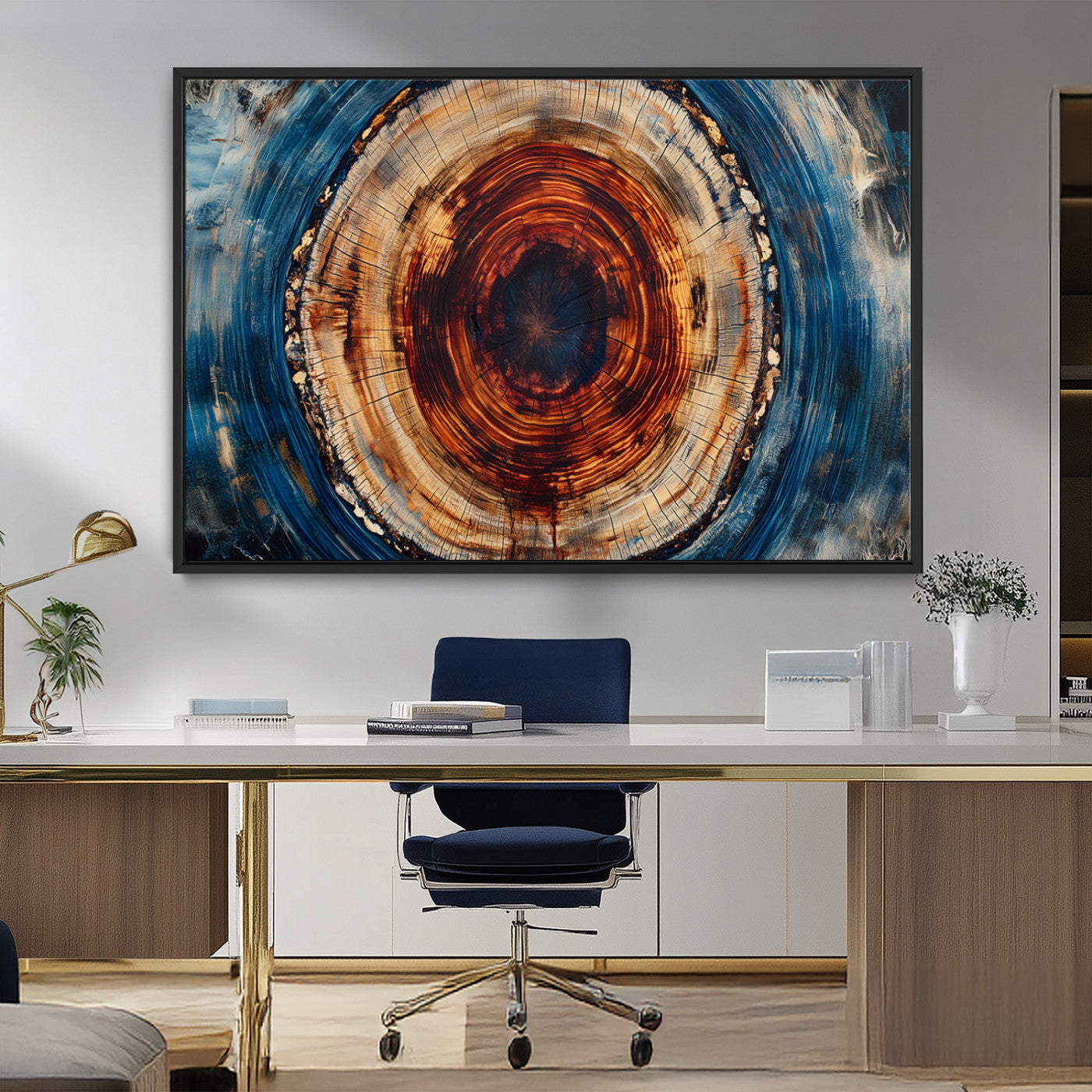 90395-MGV-FC-36X24_Black-Tree Ring Wall Art – Abstract Wood Grain Canvas Print with Fiery Red and Blue Tones, Bold Rustic Nature Inspired Artwork Decor for