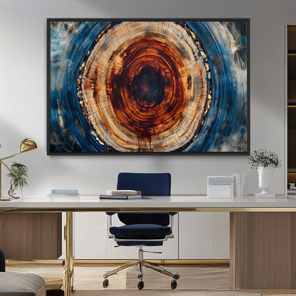 90395-MGV-FC-36X24_Black-Tree Ring Wall Art – Abstract Wood Grain Canvas Print with Fiery Red and Blue Tones, Bold Rustic Nature Inspired Artwork Decor for