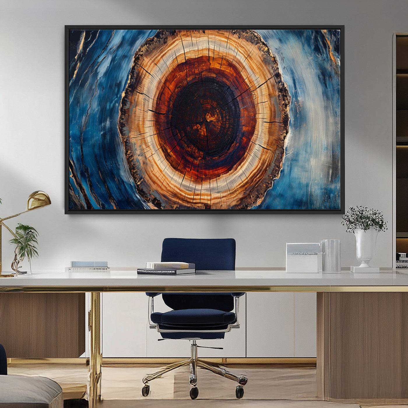 30457-MGV-FC-36X24_Black-Tree Ring Wall Art – Abstract Wood Grain Canvas Print with Brown and Blue Swirl, Rustic Nature Inspired Artwork for Living Room,