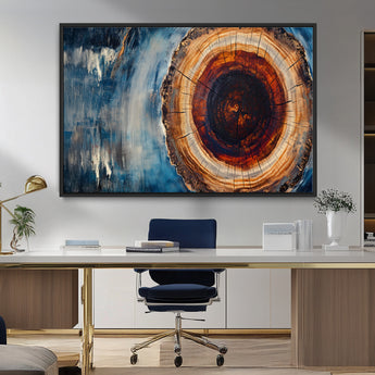 48045-MGV-CV-36X24-Tree Ring Abstract Wall Art – Rustic Wood Grain Canvas Print with Brown Center and Blue Brush Strokes, Nature Inspired Artwork for