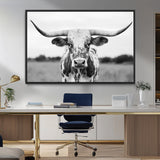 20272-MGV-CV-36X24-Highland Cow Wall Art – Black and White Western Longhorn Canvas Print, Farmhouse Living Room Decor Southwestern Animal Artwork for