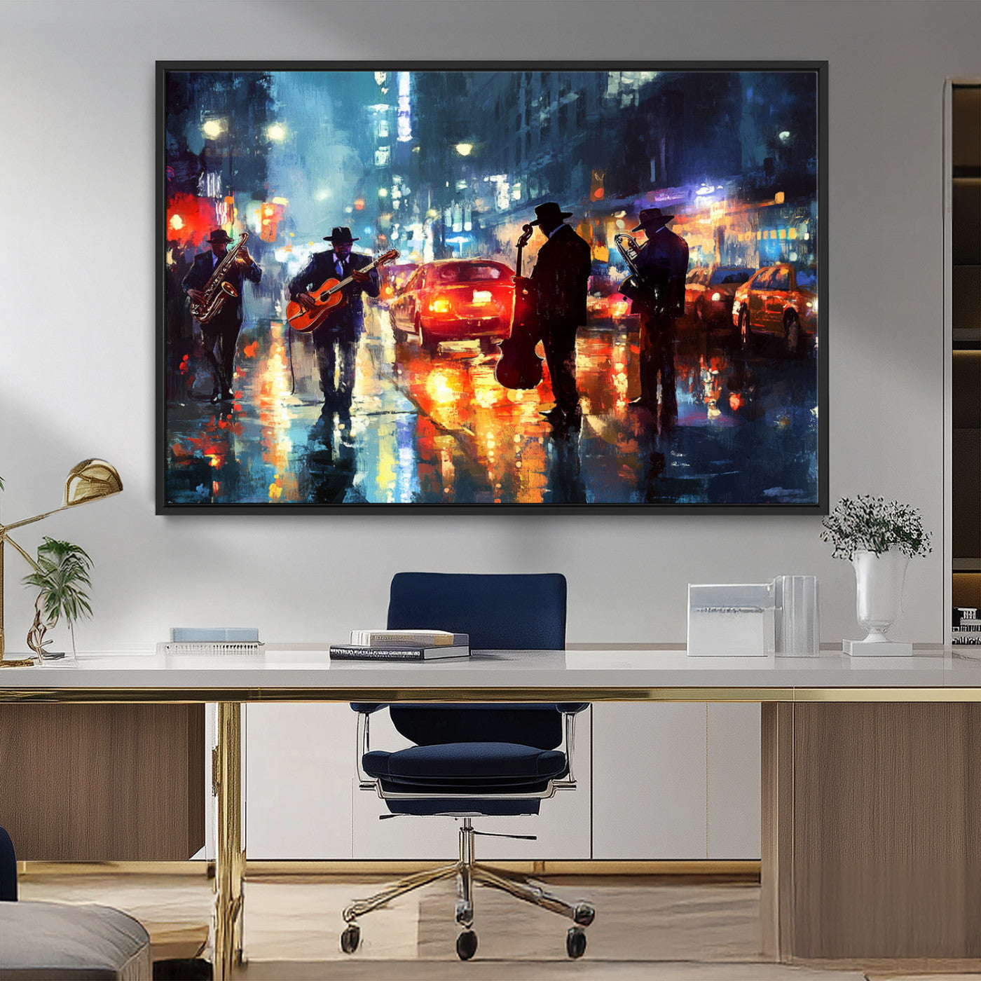 94605-MGV-FC-36X24_Black-City Jazz Night Wall Art – Vibrant Music Canvas Print Featuring Saxophone, Guitar and Bass Players, Urban Street Scene Artwork for