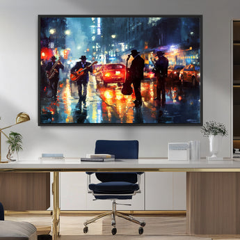 94605-MGV-FC-36X24_Black-City Jazz Night Wall Art – Vibrant Music Canvas Print Featuring Saxophone, Guitar and Bass Players, Urban Street Scene Artwork for