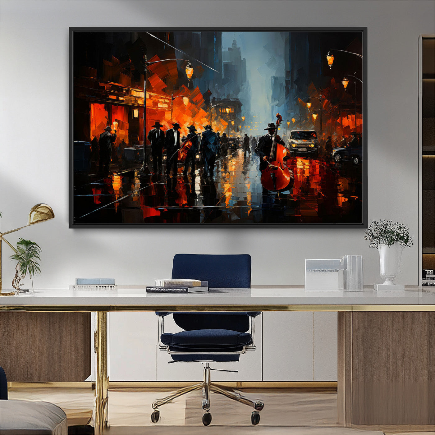46538-MGV-CV-36X24-Urban Jazz Night Wall Art – Dramatic Music Canvas Print with Double Bass and Street Musicians, Modern City Scene Artwork for