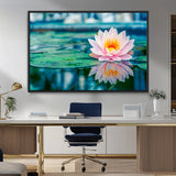 65933-MGV-FC-36X24_Black-Pink Water Lily Wall Art – Lotus Flower Canvas Print with Reflection on Calm Water, Peaceful Botanical Artwork for Living Room,