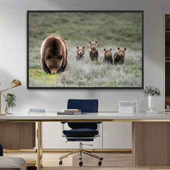 65087B-MGV-FC-36X24_Black-Bear Family Wall Art – Wildlife Canvas Print Featuring Mother Bear with Cubs in Nature, Rustic Animal Artwork for Living Room,