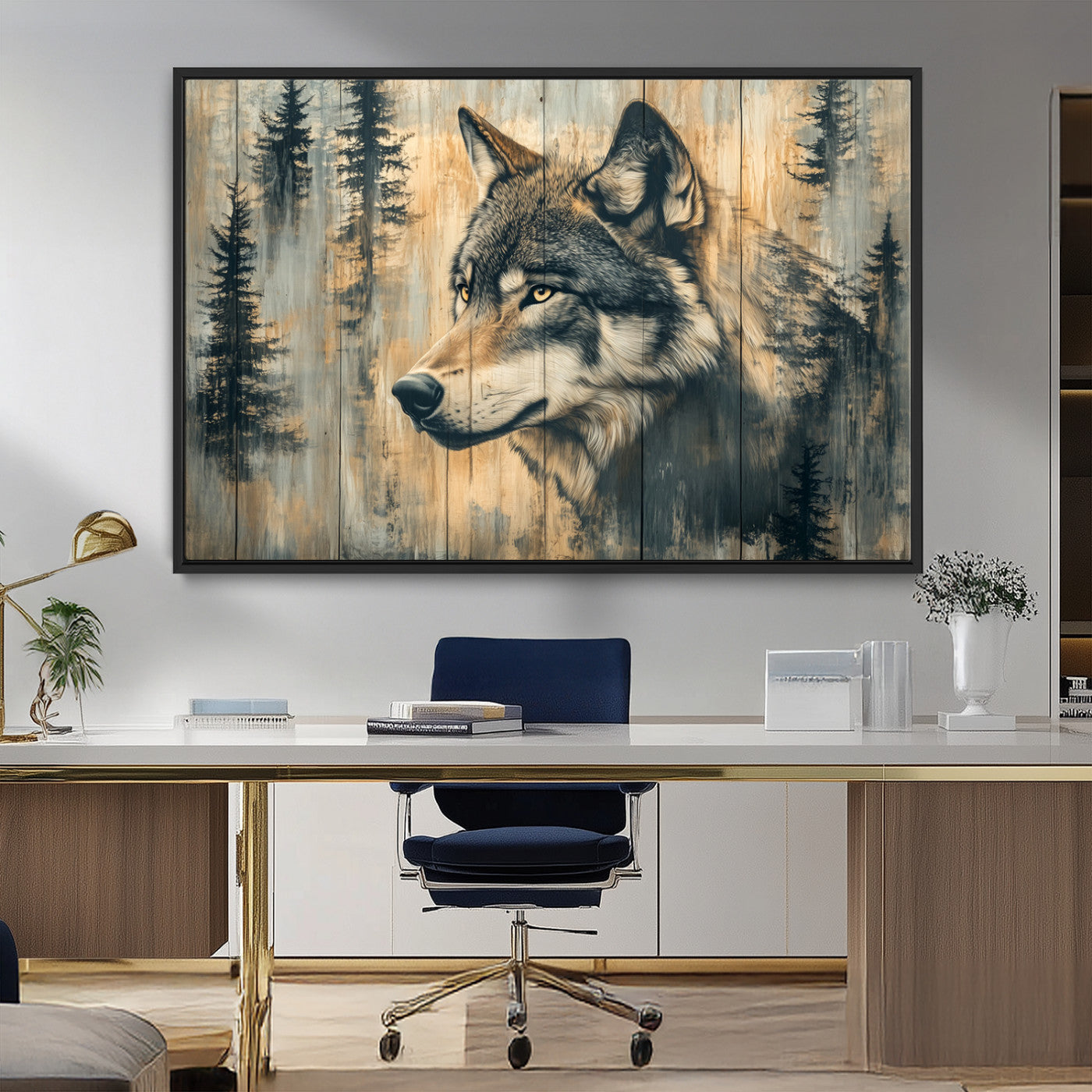 51892-MGV-CV-36X24-Wolf Wall Art – Rustic Canvas Print of Wolf with Forest Trees on Wood Texture, Wildlife Lodge Artwork for Living Room, Bedroom,