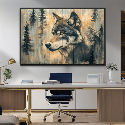 51892-MGV-CV-36X24-Wolf Wall Art – Rustic Canvas Print of Wolf with Forest Trees on Wood Texture, Wildlife Lodge Artwork for Living Room, Bedroom,