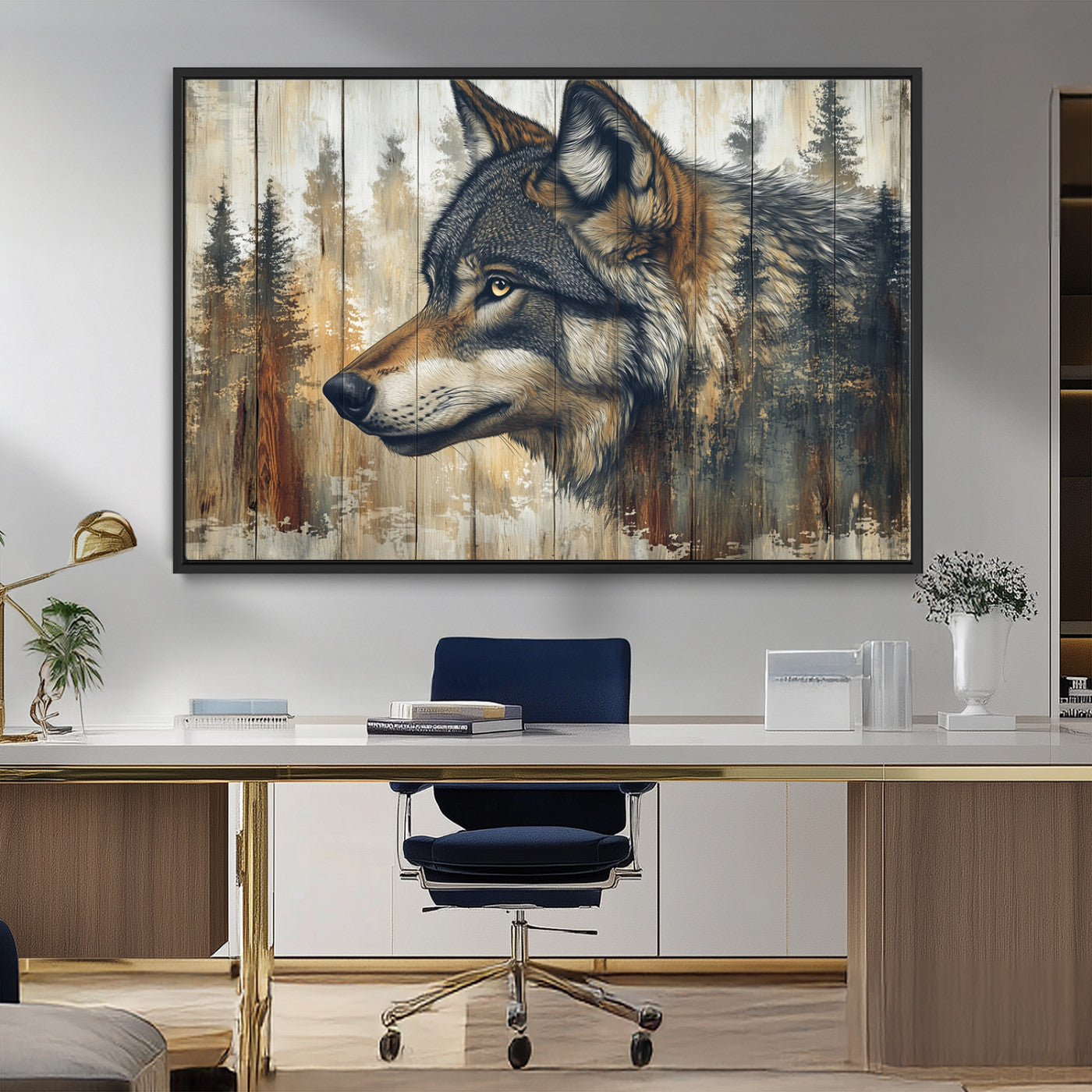 91882-MGV-FC-36X24_Black-Wolf Wall Art – Rustic Canvas Print of Forest Wolf on Wood Background, Wildlife Lodge Artwork for Living Room, Bedroom, Cabin, or