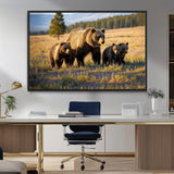 43400-MGV-CV-36X24-Bear Family Wall Art – Wildlife Canvas Print of Mother Bear with Cubs in Sunlit Meadow, Rustic Animal Artwork for Living Room,