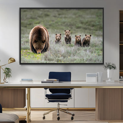 40555-MGV-FC-36X24_Black-Bear Family Wall Art – Wildlife Canvas Print of Mother Bear with Four Cubs in Nature, Rustic Animal Artwork for Living Room,