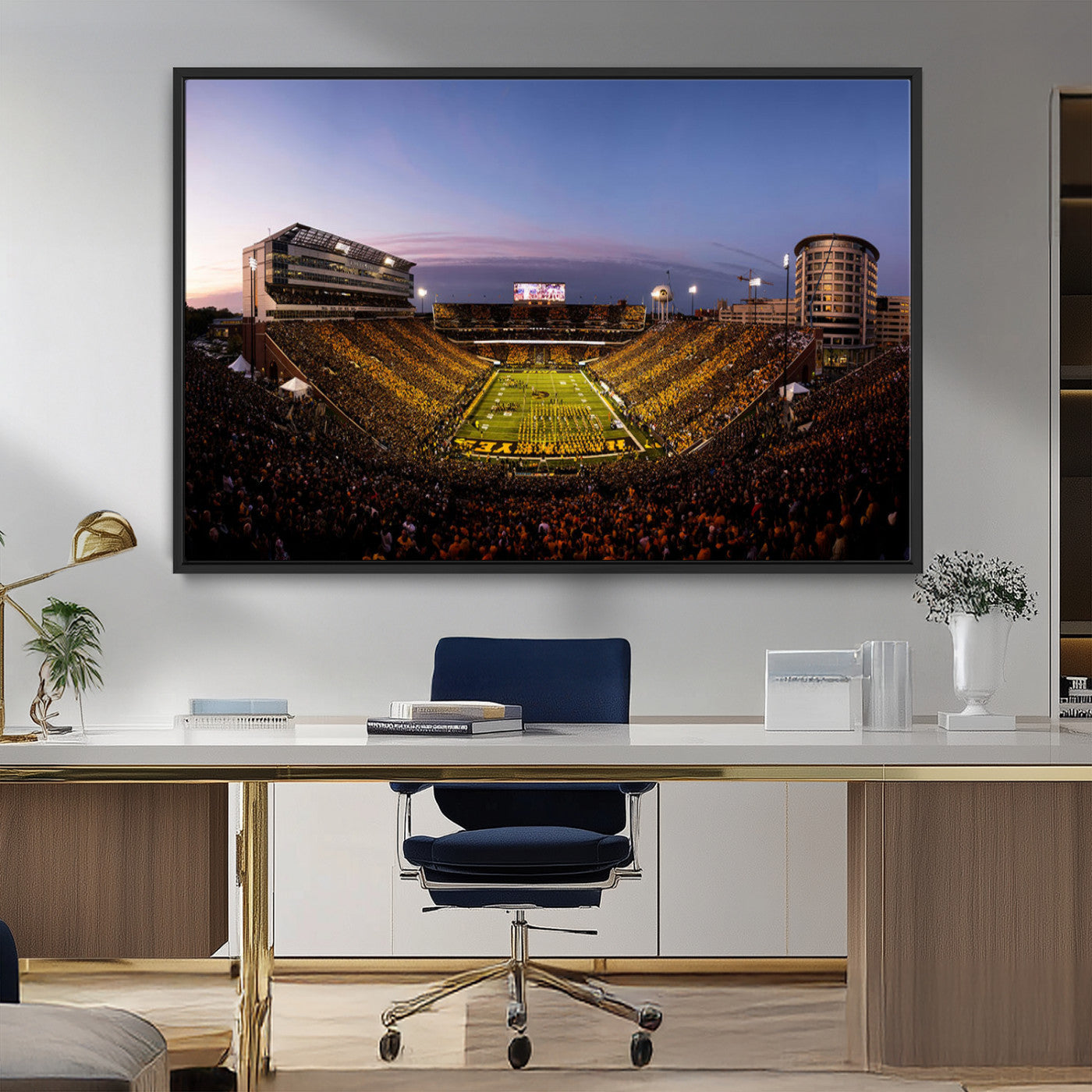82557-MGV-CV-36X24-College Football Stadium Wall Art – Panoramic Sunset Canvas Print with Marching Band and Game Day Crowd, Sports Artwork for Man