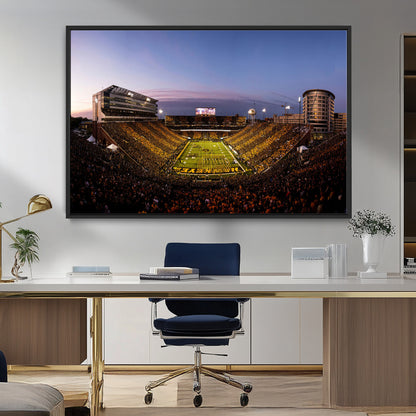 82557-MGV-CV-36X24-College Football Stadium Wall Art – Panoramic Sunset Canvas Print with Marching Band and Game Day Crowd, Sports Artwork for Man