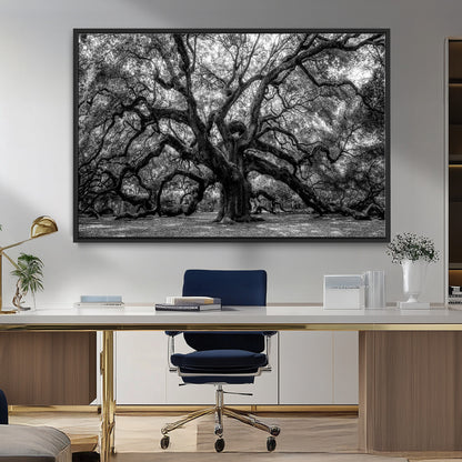 132944706-MGV-CV-36X24-Ancient Tree Wall Art – Black and White Photography Canvas Print Featuring Majestic Twisting Branches, Rustic Nature Artwork for