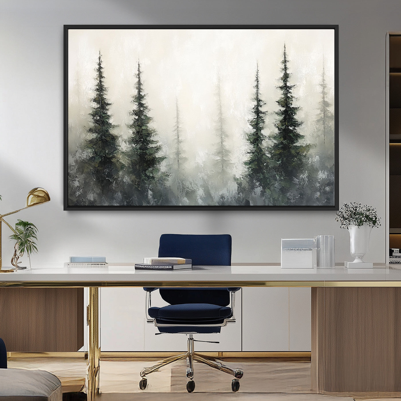 33241-MGV-FC-36X24_Black-Misty Forest Wall Art Canvas Print, Framed Foggy Pines Art Picture Print, Forest Haze Perfect Rustic Minimalist Decor Artwork