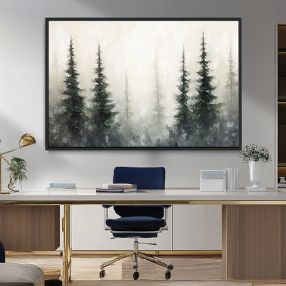 33241-MGV-FC-36X24_Black-Misty Forest Wall Art Canvas Print, Framed Foggy Pines Art Picture Print, Forest Haze Perfect Rustic Minimalist Decor Artwork